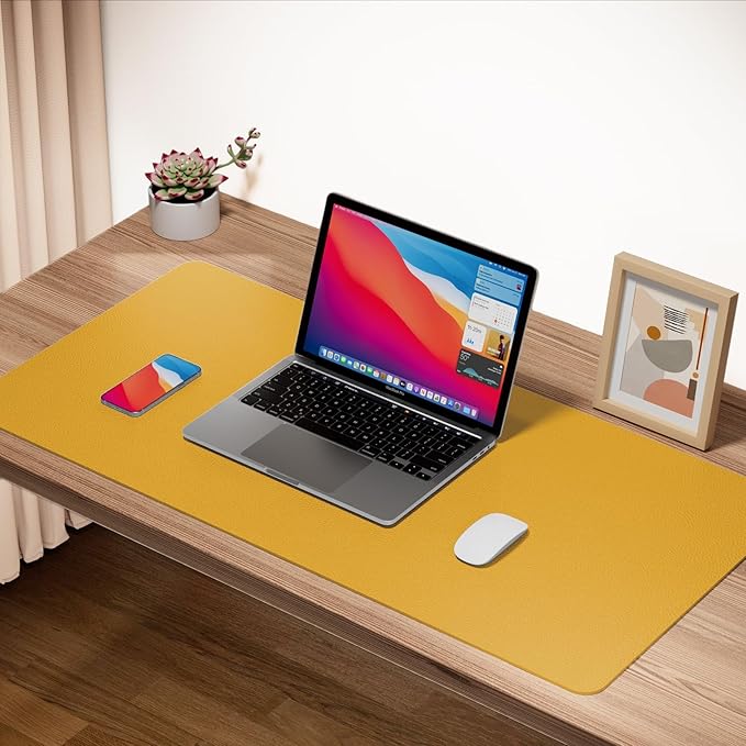 Boutilon Leather Desk Pad 30" x14",Non-Slip Mouse Pad,Office Desk Mat,Waterprooft PU Leather Desk Blotter,Desk Pad Protector,Desk Writing Pad for Home Office Decor (M-Yellow)