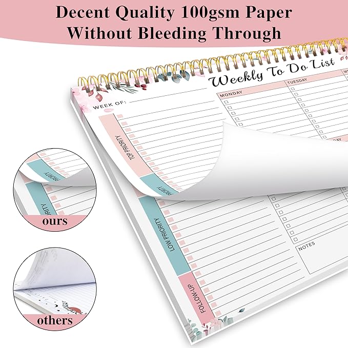 Weekly To Do List Notepad with 52 Undated Sheets(8.5"×11")- Undated Weekly Desk Planner for Women & Man, School/Office Supplies - Whispering Petal