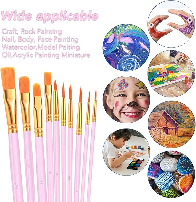 ESRICH Acrylic Paint Brushes Set, 8Packs /80 Pcs, Nylon Brush Head, Suitable for Acrylic, Oil, Watercolor,Rock Body Face Nail Art,Perfect Suit of Art Painting, Best Gift for Kids Adult Drawing(Pink)