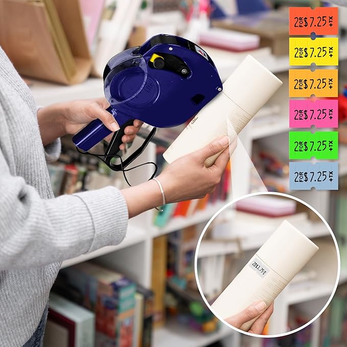 Perco Lite 1 Line Price Gun with Labels Kit - Includes 1 White Roll, 6 Multicolored Rolls, 2 Ink Rollers, 1 Ink roll and Labels Pre-Loaded