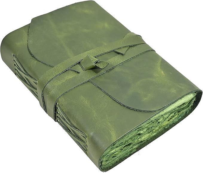 Vintage Green Leather Journal - 200 pages Deckle Edge Rustic Paper - Unlined Pages Book of Shadows, Grimoire, Junk Notebook, Fantasy Medieval Gifts, Sketchbook, Antique Scrapbook (Earthy Green, 7"x5")