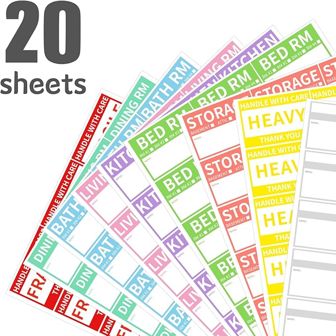 2” x 3’’ Removable Waterproof Home Moving Box Packing Labels for 1/2/3/4 Bedroom Rooms, 9 Designs Color-Coded Moving Stickers Including Fragile 、Heavy and Blank Labels (300 Labels)