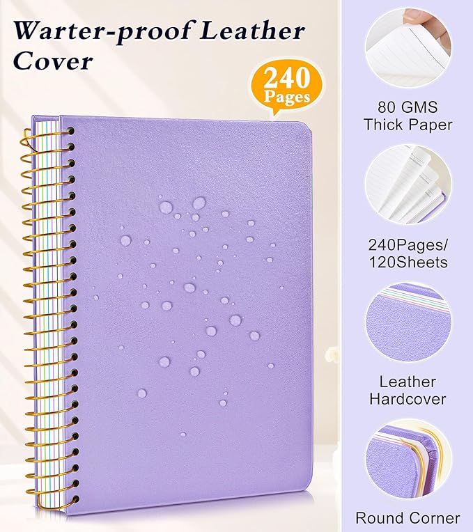 5 Subject Notebook College Ruled with Removable Pocket Dividers Tabs, 240 Pages Spiral Notebook 8.5 x 11, Lined Journal Notebook for Women , Hardcover Notebooks for Work School Note taking A4 Purple