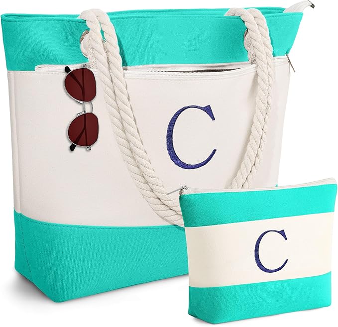 YOOLIFE Christmas Gifts for Women - Initial Canvas Tote Bag & Makeup Bag, Birthday Gifts for Women Mom Teacher Friend Sister