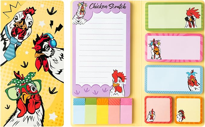 B1ykin Sticky Notes Set - Cartoon Theme Cute Self-Stick Notes Pad Teacher Appreciation Gifts, Self-Adhesive Writing Memo Pages Sticky to Do Notepad for Kids Employee School Office (Funny Chicken)
