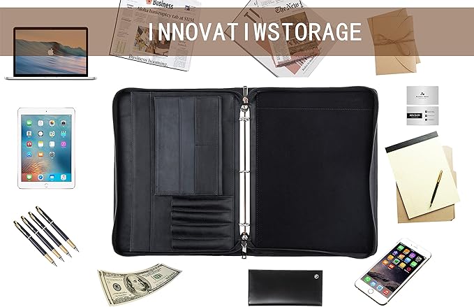 AZXCG Leather Portfolio for Men, 3 Ring Binder Professional Resume Portfolio Folder, Business Organizer Padfolio with YKK Zipper, Document Work Folio for 8.5x11 Writing Pad, Black