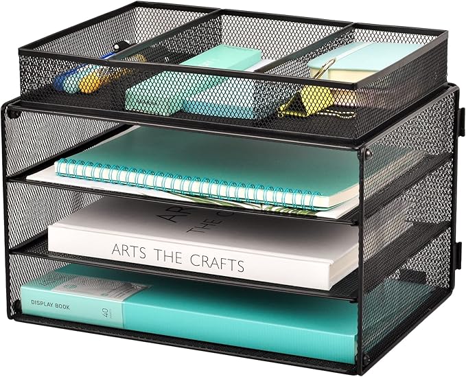 EASEPRES Paper Organizer Tray, 3 Tier Mesh Desk File Organizer Letter Sorter Holder with Drawer for Home Office, Black
