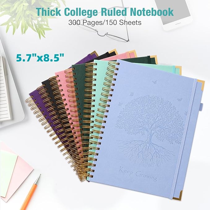 Spiral Notebook, College Ruled Notebook, A5, 300 Pages Leather Journals for Writing, 5.7" x 8.5" Hardcover Journaling Notebooks for Work School, 24pcs Tabs, Large Embossed Journal for Women Men, Black