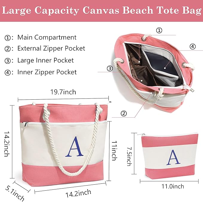 YOOLIFE Christmas Gifts for Women - Initial Canvas Tote Bag & Makeup Bag, Birthday Gifts for Women Mom Teacher Friend Sister