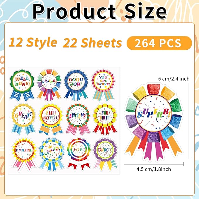 Reward Stickers Badge Designs,2.4×1.8 Inch Reward Labels Use on Classroom,Outdoor Sports Game,Party,Home,Encourage Stickers(264pcs,1bag)