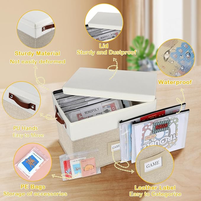 Board Game Storage, Board Game Organizer with 12pcs Zipper Bags and Writable Stickers, Board Game Organizers Storage with Lid for Office Supplies, Puzzles, Video Game, Craft Product