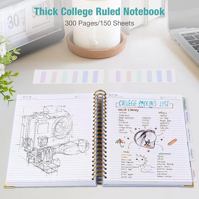 Spiral Notebook, College Ruled Notebook, A5, 300 Pages Leather Journals for Writing, 5.7" x 8.5" Hardcover Journaling Notebooks for Work School, 24pcs Tabs, Large Embossed Journal for Women Men, Black