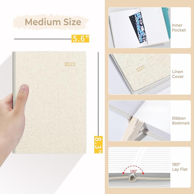 SUNEE 2025 Weekly & Monthly Hardcover Planner 5.5" x 8.3" - 12 Month (January 2025 - December 2025), Small Hardcover Planner, Pocket, Notes, 100 GSM Paper, Beige