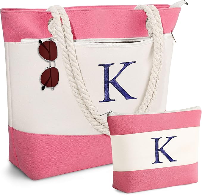 YOOLIFE Christmas Gifts for Women - Initial Canvas Tote Bag & Makeup Bag, Birthday Gifts for Women Mom Teacher Friend Sister