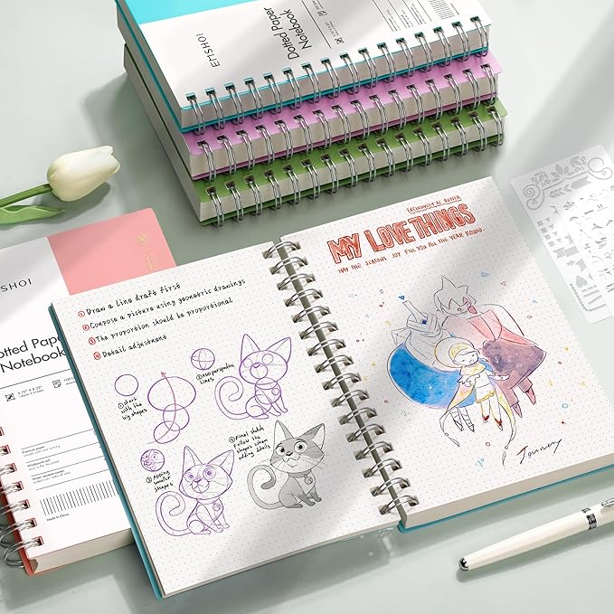 EMSHOI A5 Spiral Notebook Bullet Dotted Journal, Small 5.7" X 8.22", 300 Pages/150 Sheets, 100gsm Dot Grid Paper, Waterproof Hardcover, for Office School Women Men Work Writing Notes-Blue