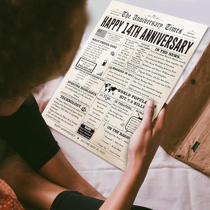 Vintage 14th Anniversary Card Gift for Him Her, Large 14 Year Wedding Anniversary Card Gift for Mom Dad Parents, Ivory Anniversary Card for Wife Husband Couple