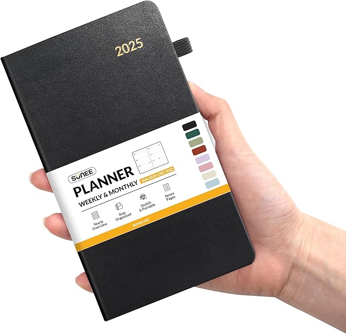 SUNEE 2025 Pocket Weekly Planner for Purse 3.5" x 6" - 12 Month (January 2025 - December 2025), Pocket Size Planner, Hardcover, Notes, Pocket, 100 GSM Paper, Black