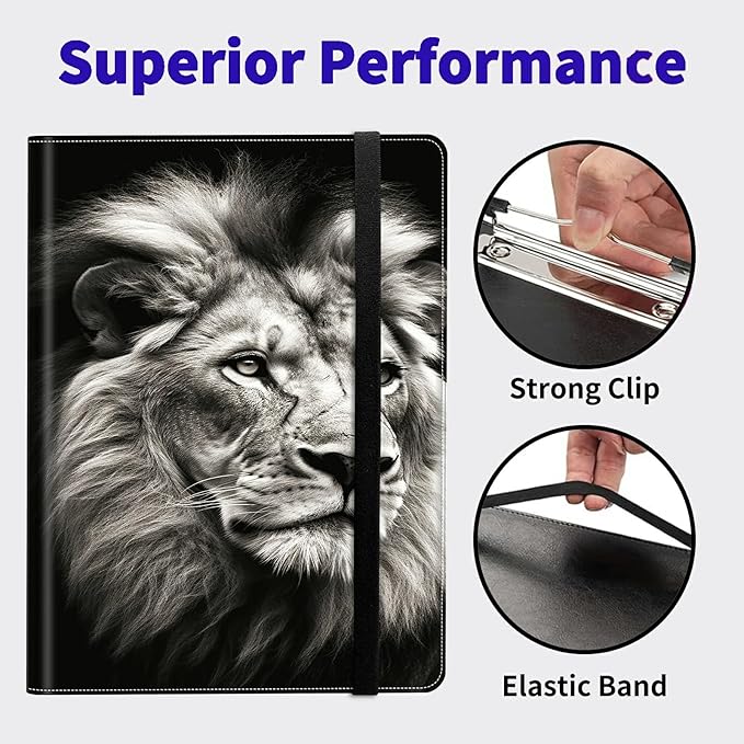 Lion Padfolio Folder with Clipboard,Portfolios Organizer Clipboards with Storage Clipboard Writing Pad PU Leather Conference Document Organizer with Business Card Holder