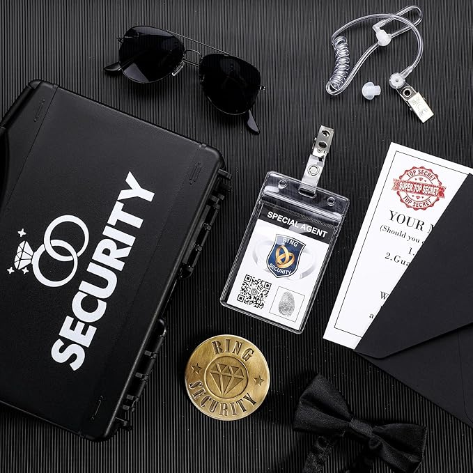 Aoriher Ring Security Wedding Set Include Ring Bearer Box Security Badge Sunglass Security Earpiece Bow Tie ID Badge Holder with ID Card Envelope Invitation Card for Proposal Gift(9 Pcs)