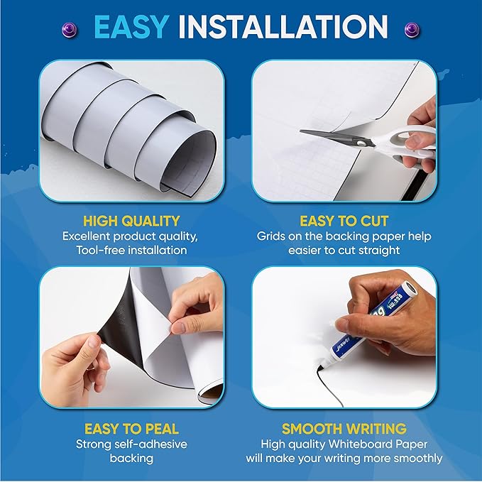 White Board Sticker 40" x 18”, Adhesive Magnetic Dry Erase Board for Wall, Peel and Stick Whiteboard Wallpaper with 8 Colors Marker for Kids Office Home