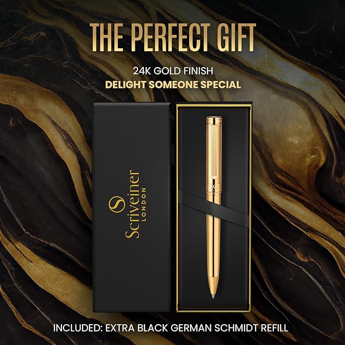 Scriveiner Gold Ballpoint Pen - Stunning Luxury Pen with 24K Gold Finish, Schmidt Black Refill, Best Ball Pen Gift Set for Men & Women, Professional Executive Office, Nice Fancy Designer Pens