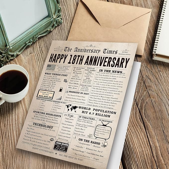 Vintage 18th Anniversary Card for Him Her, Retro 18 Year Anniversary Card Gift for Wife Husband, Romantic 18 Years Married Gift Idea for Parents