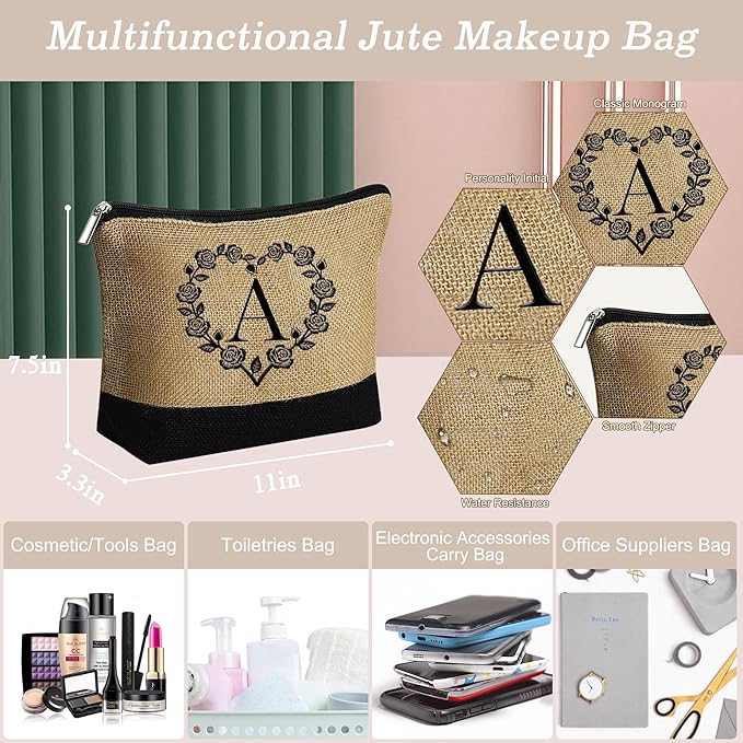 YOOLIFE Christmas Gifts for Women - Initial Jute Tote Bag & Makeup Bag, Birthday Gifts for Women Her Mom Teacher Friend