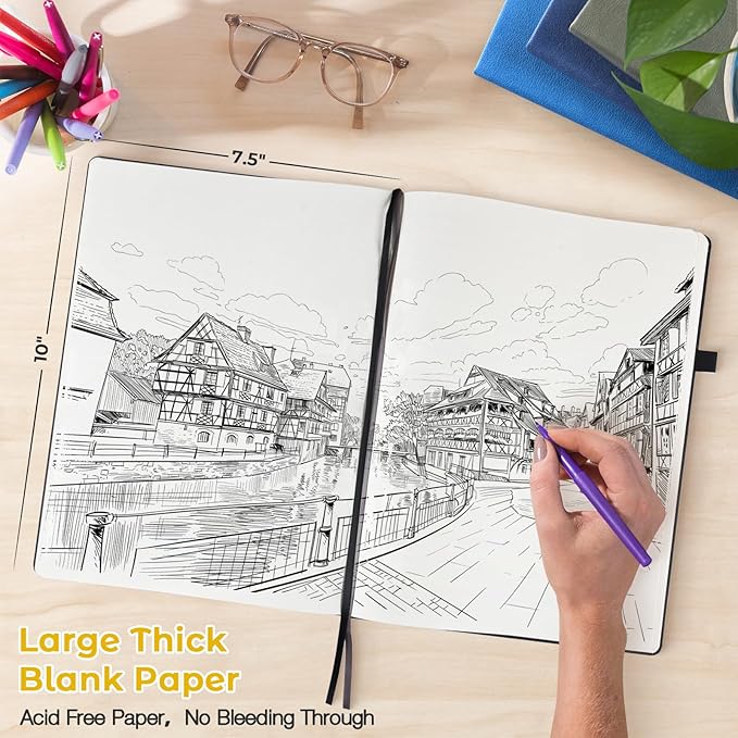 Blank Notebook, Hardcover Sketch Book, 8.5" x 11" Large Blank Journal, No Bleed Thick Paper Sketchbook for Drawing, Unlined Notebook Journal for Women Men, A4 Leather Sketchbook, Lay Flat, Yellow