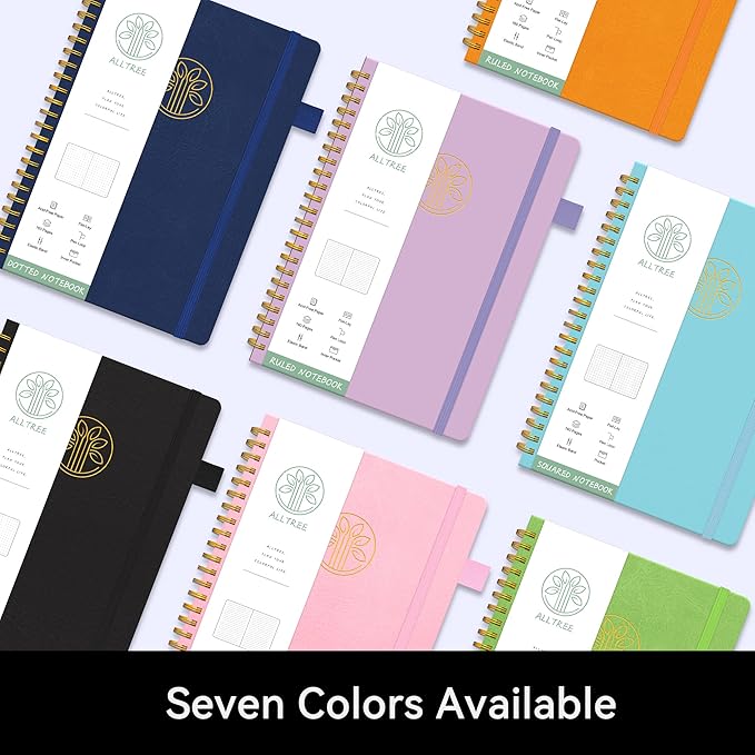 Spiral Dot Grid Notebook Journal, Dotted Paper Notebook, Leather Hardcover Spiral Notebook, ALLTREE Twin Wire Spiral Bound Notebook with Pen Loop, Pocket, Stickers, 160 Pages, Journal for Women & Men, Purple(6"x8.5")