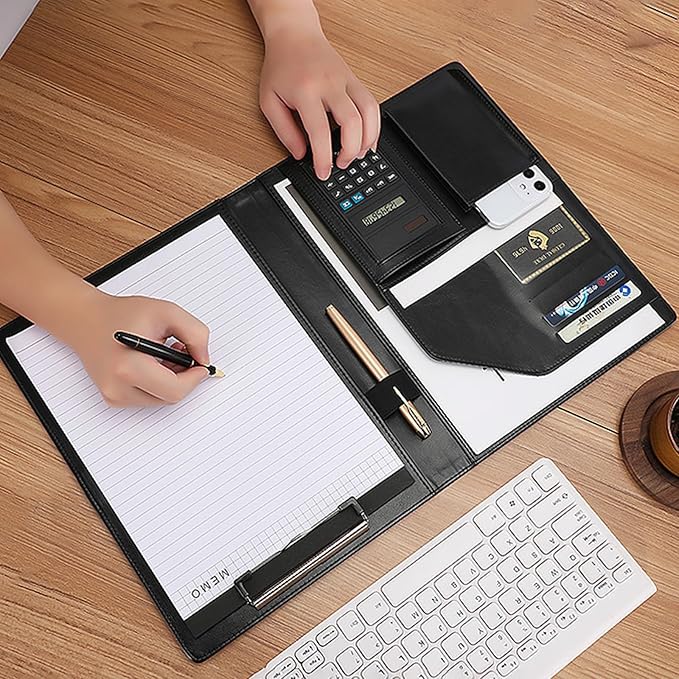 Personalized Padfolio - Customized Leather Portfolio with Logo or Text - Professional Business Portfolio with A4/US Letter Writing Pad Holder for Resumes and Interviews, Black