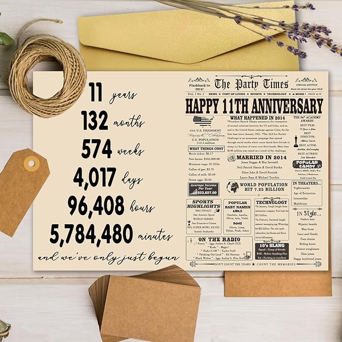 YiKaLus Happy 11th Anniversary Card for Him Her, Romantic 11 Year Wedding Gifts for Husband Wife, Steel 12th Aday Gift Card for Women Men