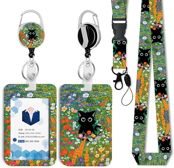 Cute Cat Hidden in The Flowers Badge Holder with Retractable Reel and Breakaway Lanyard,Badge Clips Retractable Heavy Duty Badge Reel,ID Holder with Breakaway Lanyard for School Nurse Office Teen 3