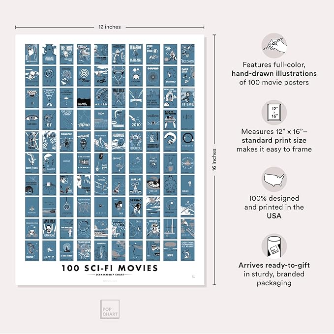 Pop Chart | 100 Sci-Fi Movies Scratch-Off Poster | 12" x 16" Art Print | Film Decor for the Science Fiction Fan | 100% Made in the USA