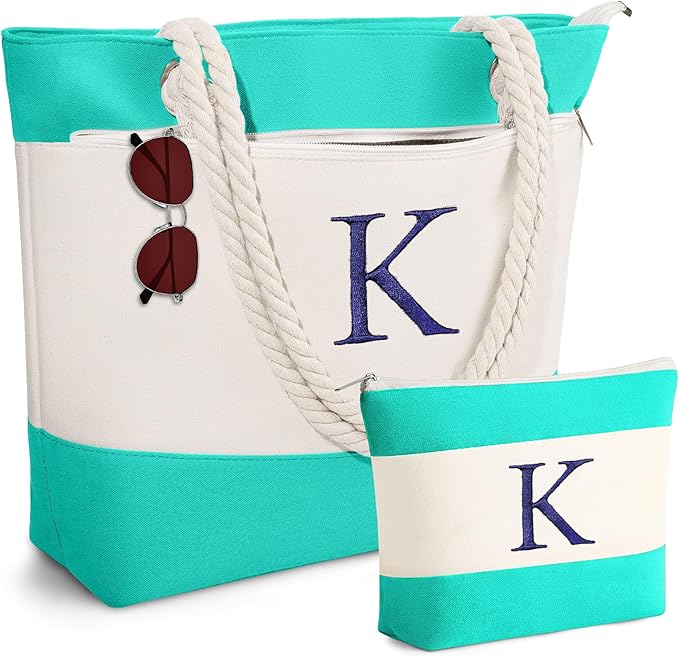 YOOLIFE Christmas Gifts for Women - Initial Canvas Tote Bag & Makeup Bag, Birthday Gifts for Women Mom Teacher Friend Sister