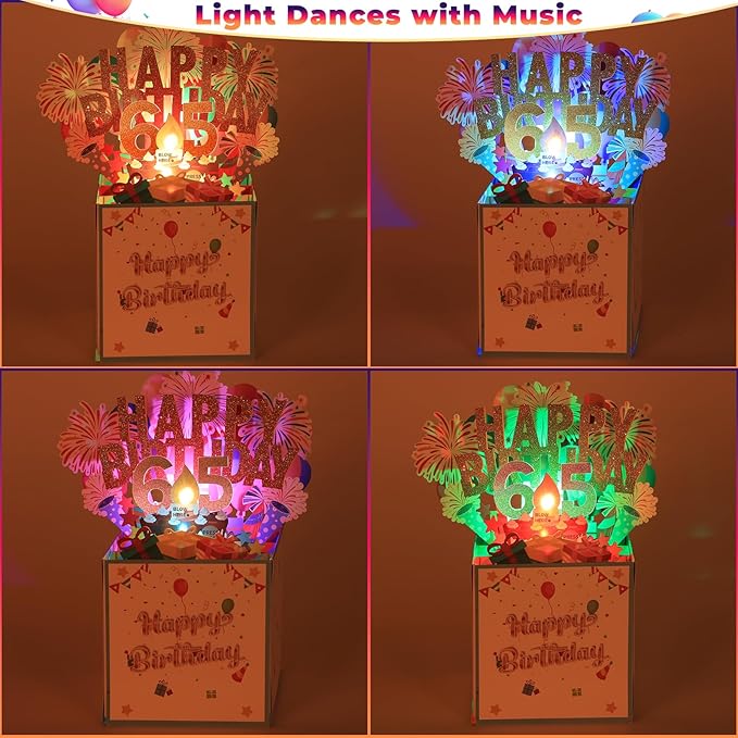 Tnvee 65TH Birthday Cards with Lights & Music & Candle, 3D Large Pop Up Happy Birthday Cards for Women Man Greeting Cards Decorations for 65 Years Old Mom Dad Wife Husband Friend