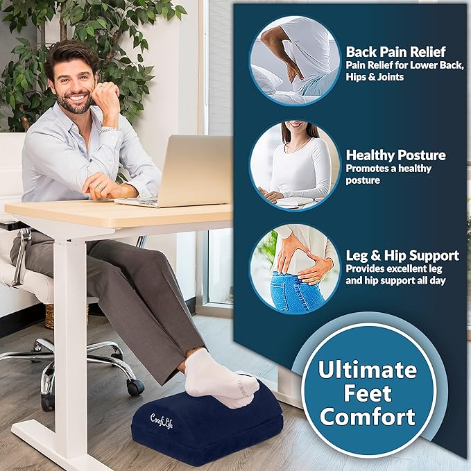 ComfiLife Foot Rest Under Desk for Office Use – Adjustable Height Memory Foam Foot Stool Under Desk for Office Chair & Gaming Chair – Ergonomic Under Desk Foot Rest for Back & Hip Pain Relief (Navy)