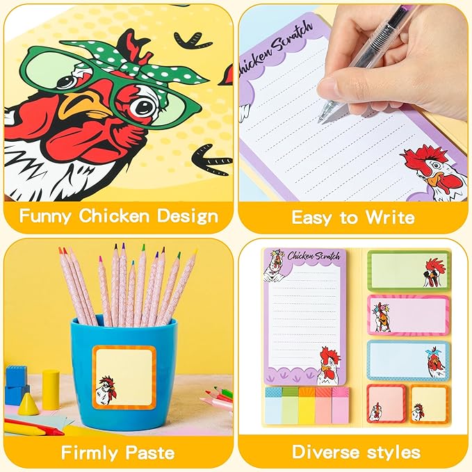 B1ykin Sticky Notes Set - Cartoon Theme Cute Self-Stick Notes Pad Teacher Appreciation Gifts, Self-Adhesive Writing Memo Pages Sticky to Do Notepad for Kids Employee School Office (Funny Chicken)