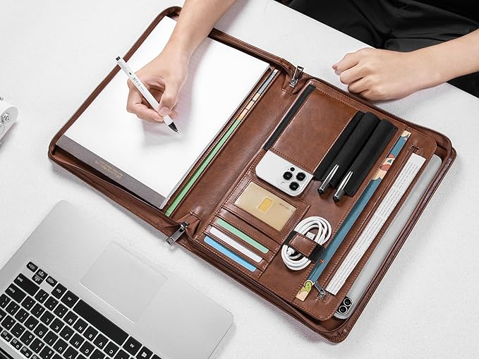 Personalized Leather Portfolio with Zipper, Professional Business Portfolio with A4/US letter Writing Pad holder for Resume, Interview, Leather Portfolio for Men and Women, Brown, Customized