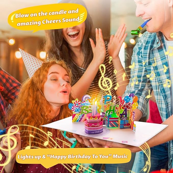 3D PopUp Birthday Cards, 1-100 Age Luxury Blowable LED Light Candle Cake Music Happy Birthday Card Postcards Greeting Cards Birthday Gifts Decorations for Women, Man, Mom, Wife, Husband, Boy, Girl