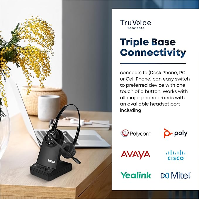 TruVoice Agent AW80 3-in-1 Wireless Headset with Noise Canceling Microphone for Phone, PC and Cell | 500 FT Maximum DECT Range (15 x Bluetooth Distance) - Remote Answer Capability with Additional EHS