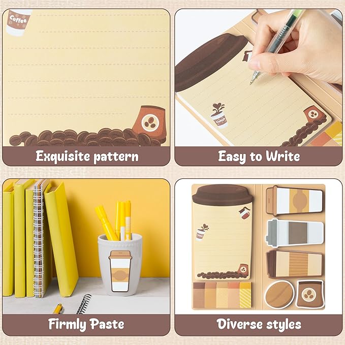 B1ykin Sticky Notes Set - Cartoon Theme Cute Self-Stick Notes Pad Teacher Appreciation Gifts, Self-Adhesive Writing Memo Pages Sticky to Do Notepad for Kids Employee School Office (Coffee)