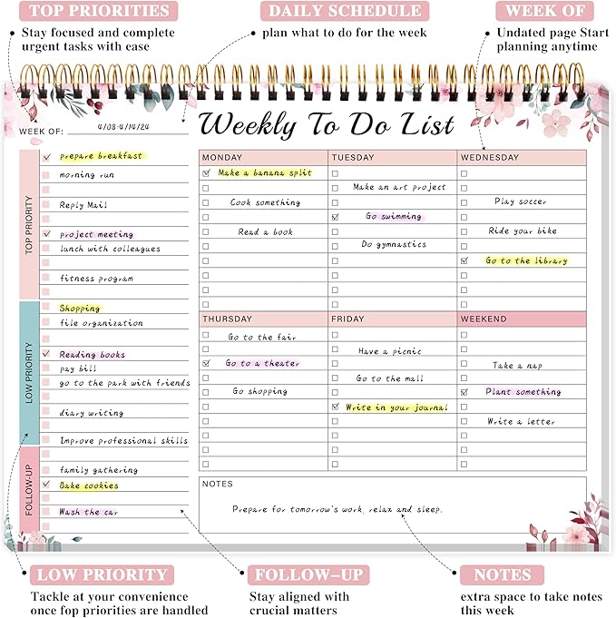 Weekly To Do List Notepad with 52 Undated Sheets(8.5"×11")- Undated Weekly Desk Planner for Women & Man, School/Office Supplies - Whispering Petal