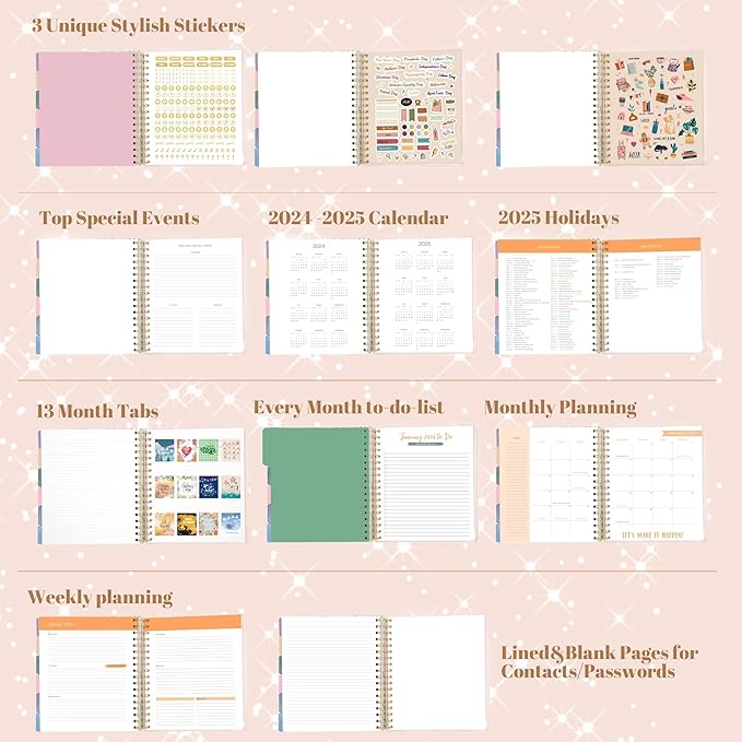 2025 Hardcover Planner Weekly and Monthly, Dec 2024–Dec 2025, Large Spiral Bound Planners 2025 for Women Gifts, 8.3" x 9.3",13 Month Calendar with 13 Tabs, 3 Sticker Sheets, Gold