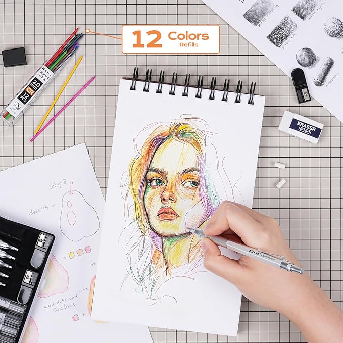 Nicpro 22PCS Metal Mechanical Pencil Set in Case, Art Drafting Pencil 0.5, 0.7, 0.9 mm & 2 PCS 2mm Mechanical Drawing Pencils with 396PCS Leads (4B 2B HB 2H Colored) for Drawing Writing Sketching
