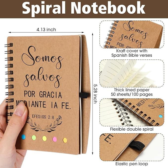 20 Pcs Spanish Christian Gifts Bulk Religious Notebooks with Bible Verse Pens,Inspirational Spiral Prayer Journal and Pen Set Church Gifts for Women Men Sunday Church Party Favors (Kraft)