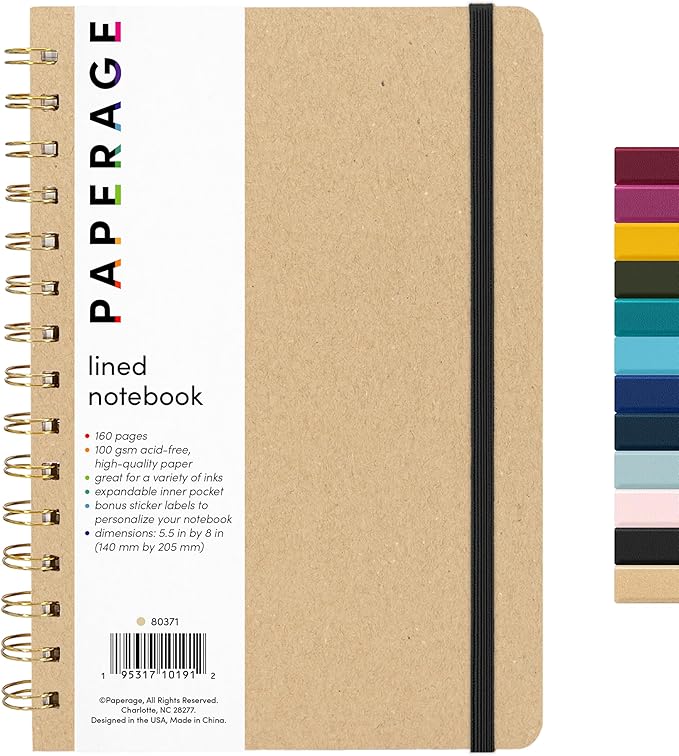 PAPERAGE Lined Spiral Journal Notebook, (Kraft), 160 Pages, Medium 5.5 inches x 8 inches - 100 GSM Thick Paper, Hardcover, Double-Wire Spiral Journal & Notebook