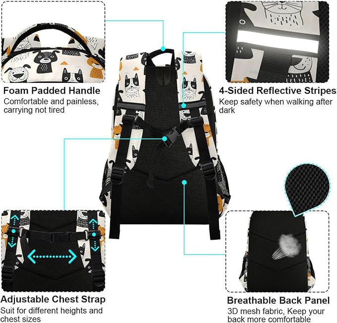 MNSRUU Laptop Backpack with Chest Strap, Cute Dogs School Backpack, Travel Hiking Backpack for Boys Girls Teen Adult, Rucksack, Knapsack