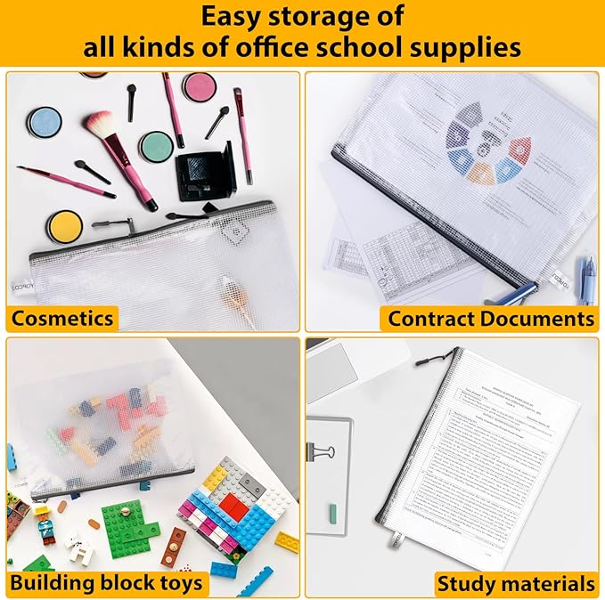 24pcs A4 Mesh Zipper Pouch File Bags, Black Reusable Zipper Bags for Organizing Storage, Waterproof Puzzle Bag, Zipper File Bags for Board Game Storage and School Office Supplies