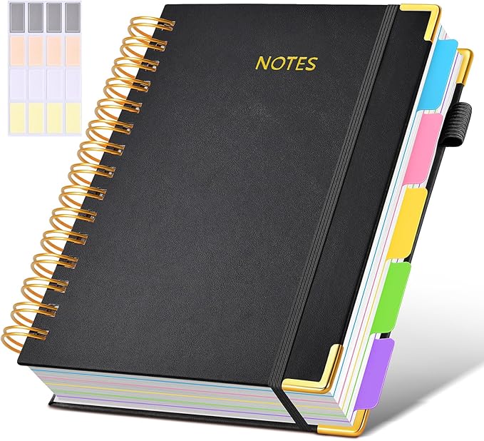 Hardcover Spiral Notebook journal with Removable Dividers Tabs, 300 Pages Leather 5 Subject Notebook College Ruled, 100GMS A5 Notebooks for Work School Note taking,Lined Journal for Women,A5-Black