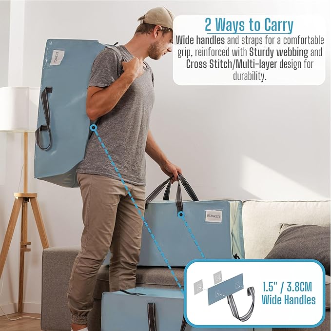 VENO 6 Pack Moving Bags w/Backpack Straps, Moving Boxes & Storage Bins Alternative, Packing Supplies, Camping Accessories Totes, Dorm Room Essentials Storage Bags (Shiny Light Blue, 6 Pack)